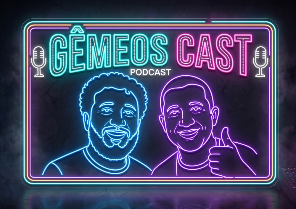 Letreiro neon do GêmeosCast no estúdio